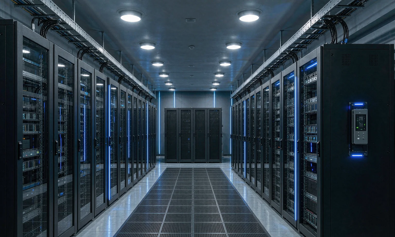Rows of server rack cabinets in a data centre hall