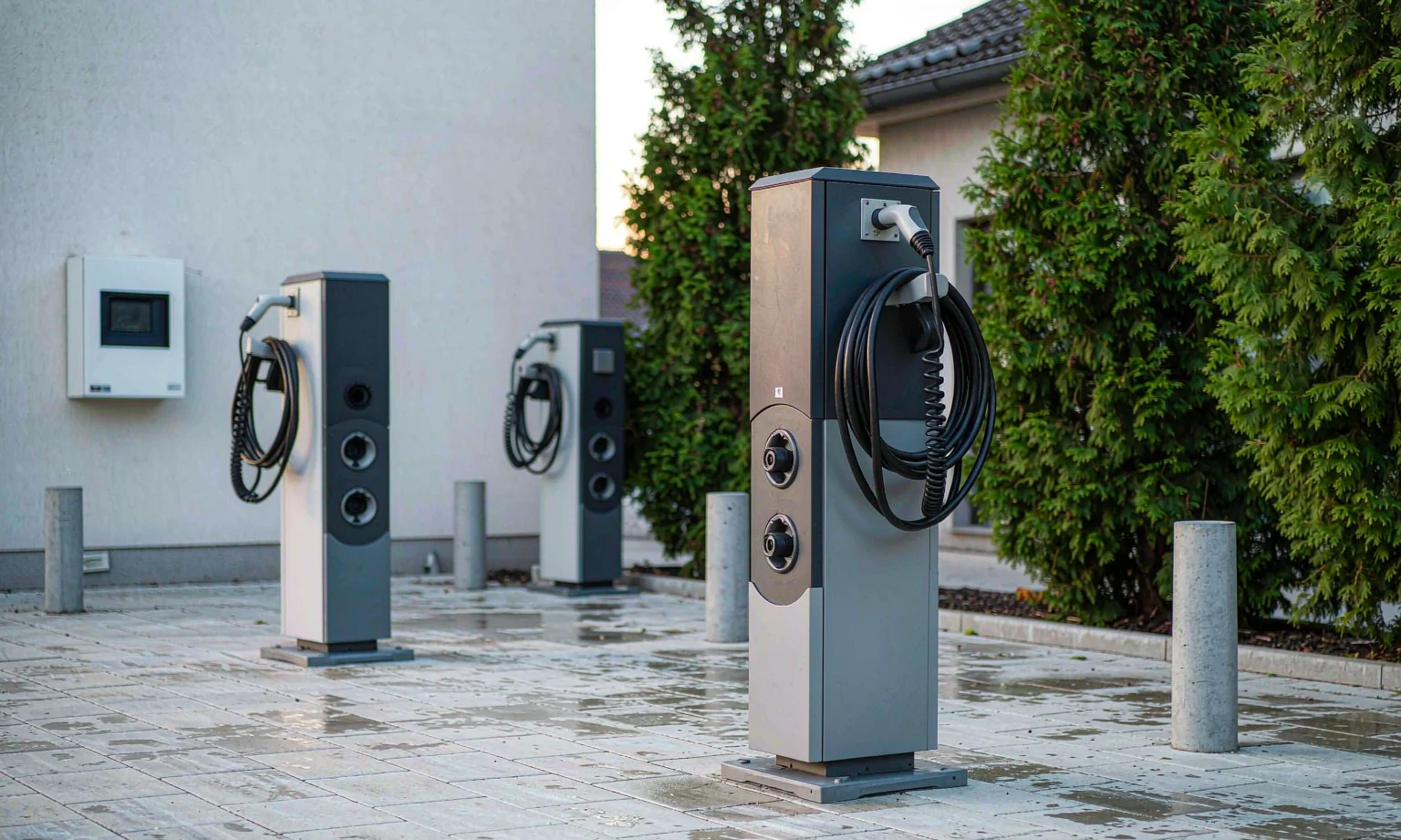 Pedestal EV charging enclosures at a charging station