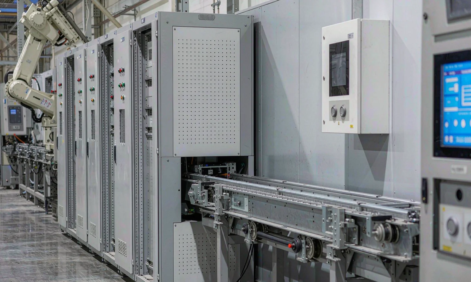 Control cabinets along a factory production line