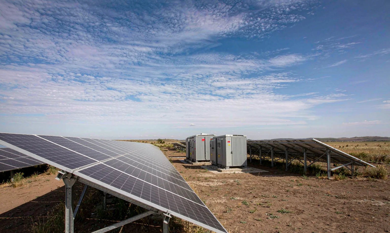 Inverter cabinets in a ground-mounted solar farm
