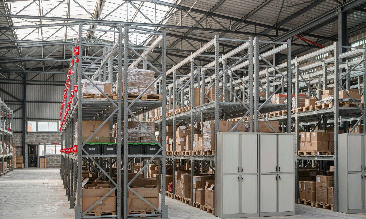 Steel shelving racks in a distribution warehouse
