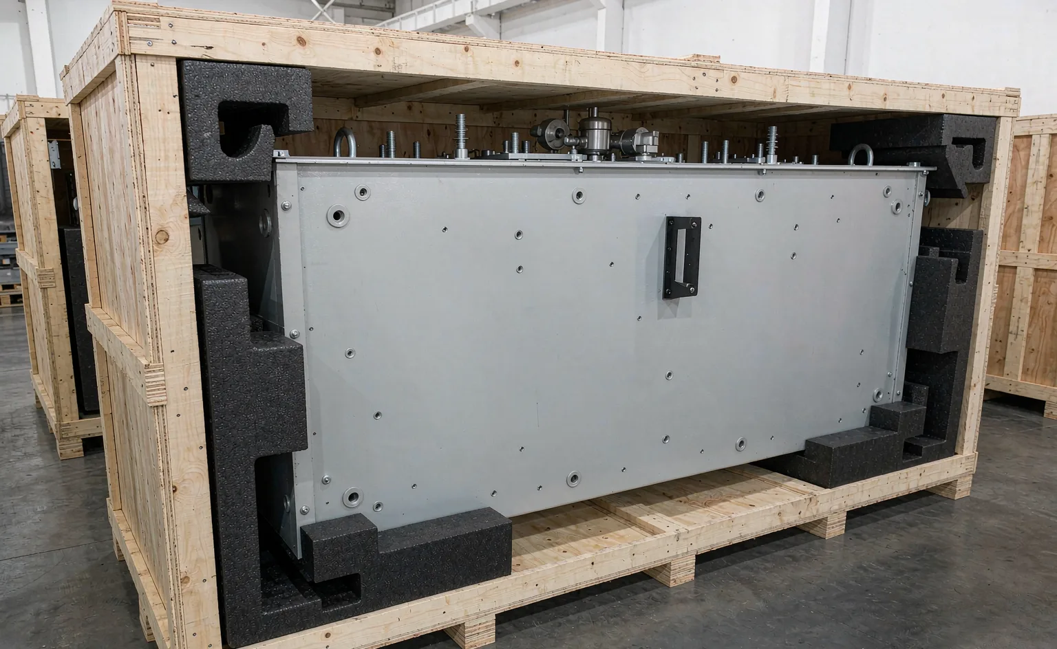 Electrical cabinet packed in an export wooden crate