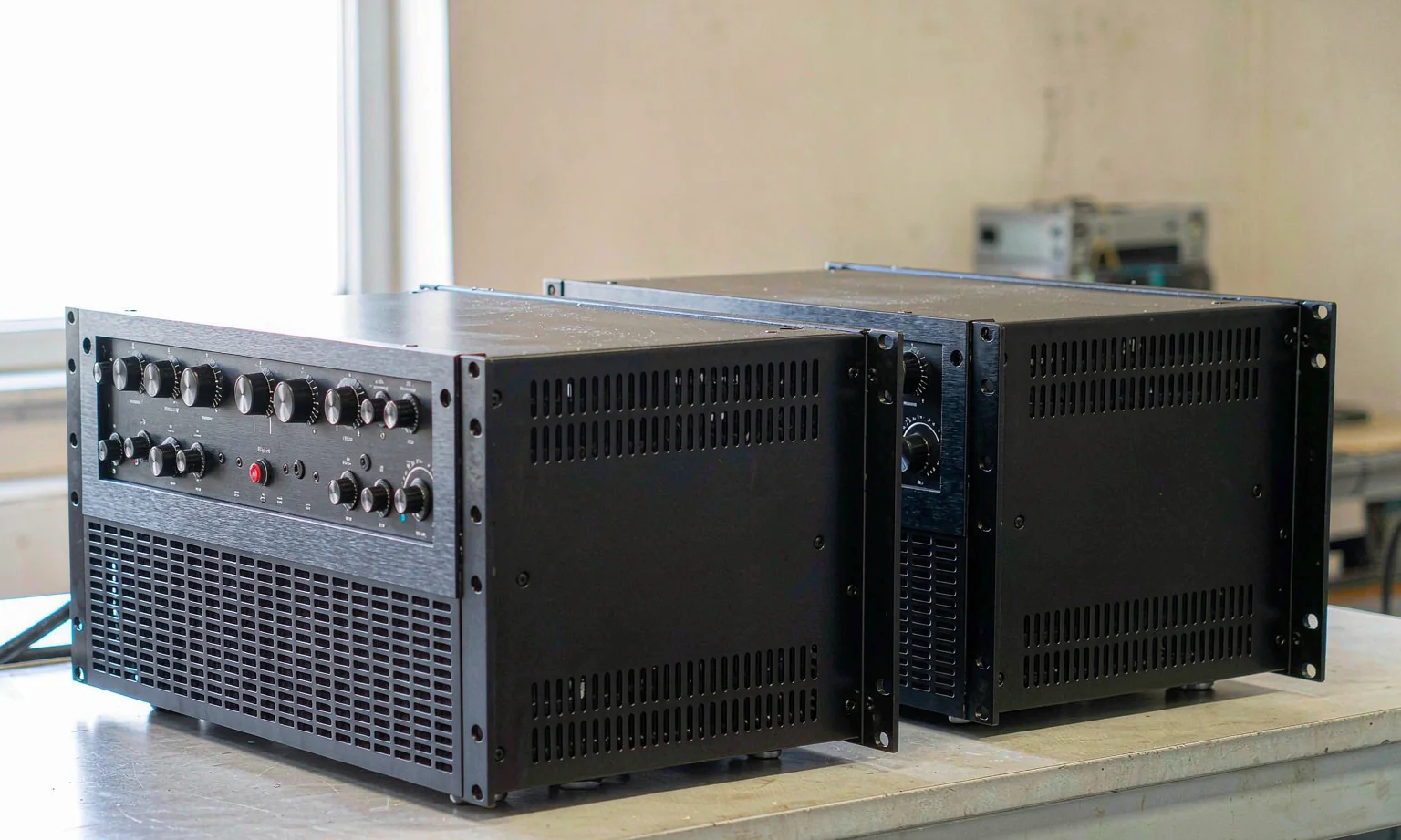 Black 19-inch rack-mount amplifier enclosures with brushed aluminium front panels