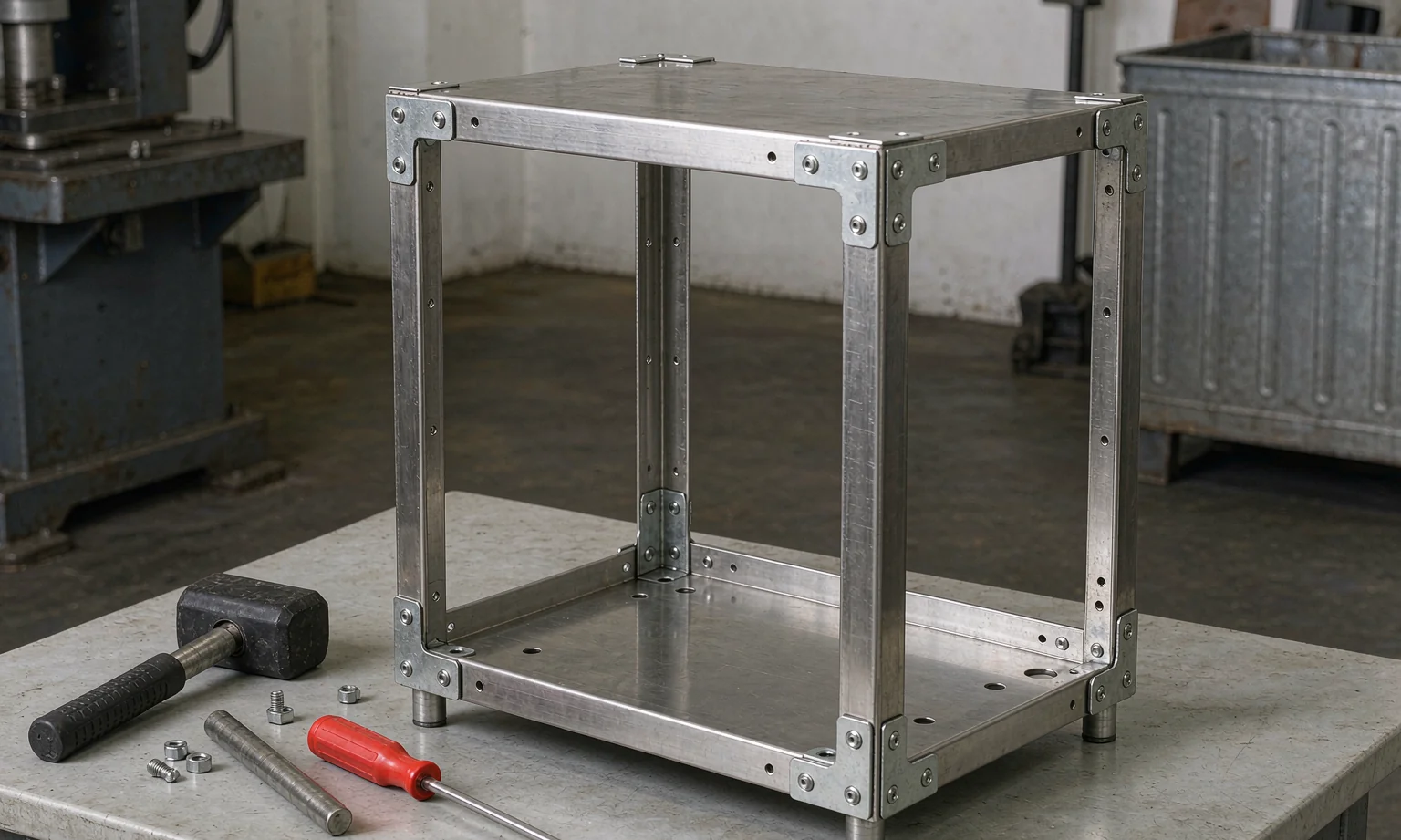 Bolted steel cabinet frame with corner angles