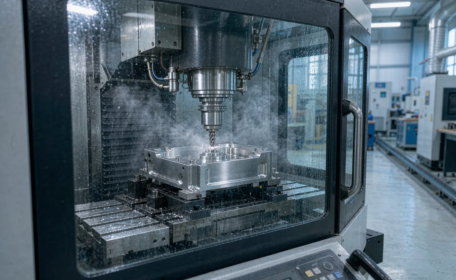 CNC machining center milling an aluminum enclosure part