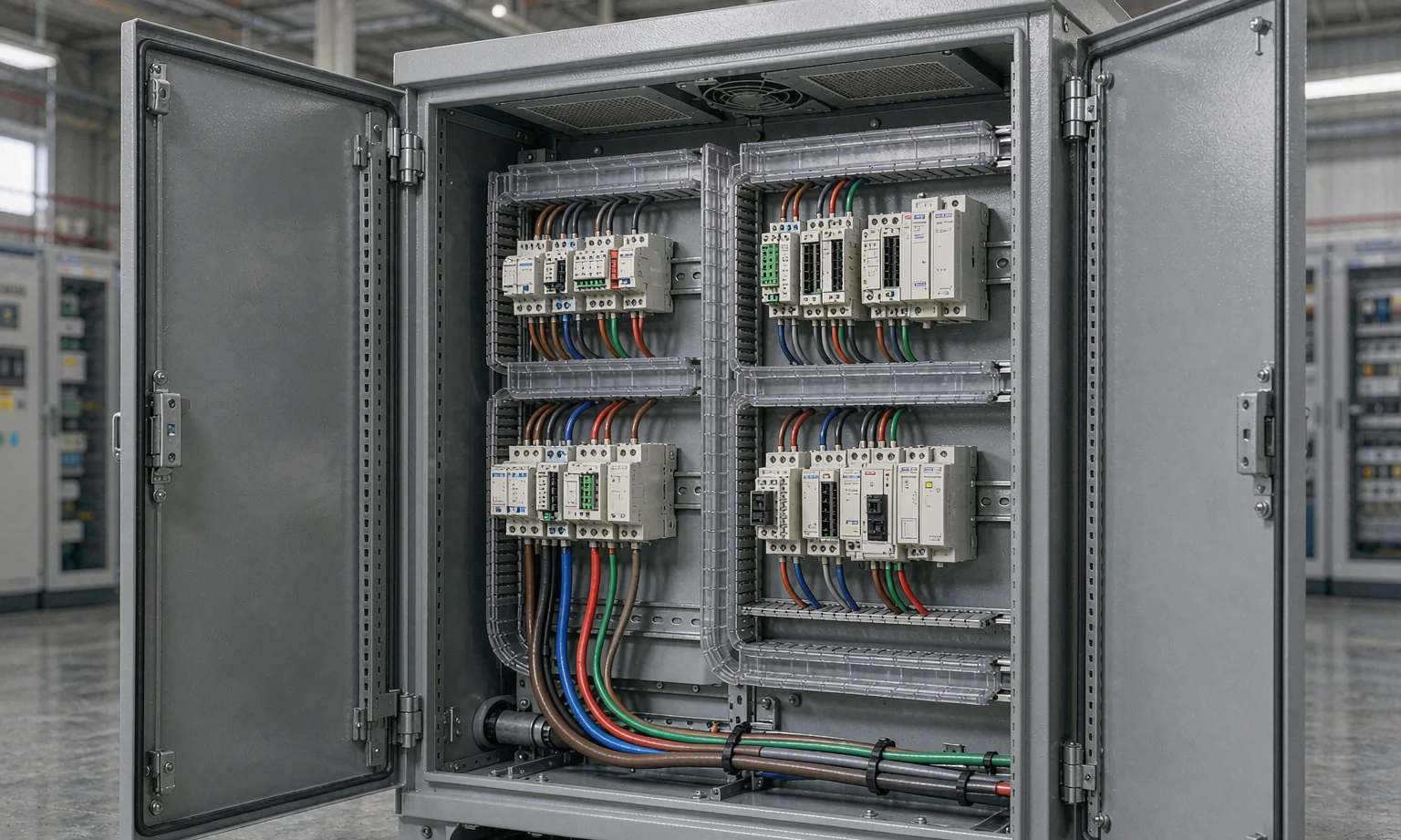 Control cabinet interior with wired DIN rails and terminal blocks