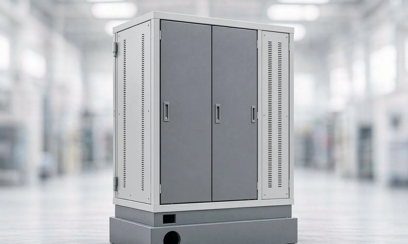 Floor-standing electrical control cabinet shell with ventilation louvers