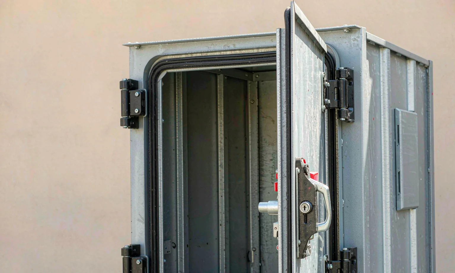 Open enclosure door showing EPDM gasket, hinges and quarter-turn latch