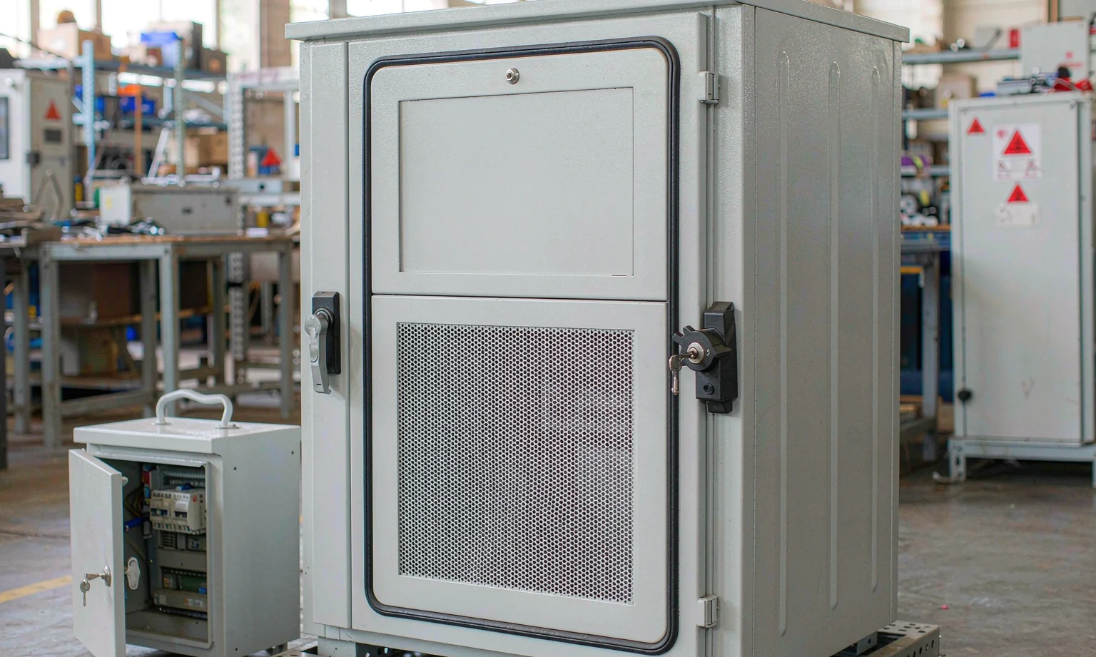 Floor-standing industrial control panel cabinet with hinged door and HMI cutout