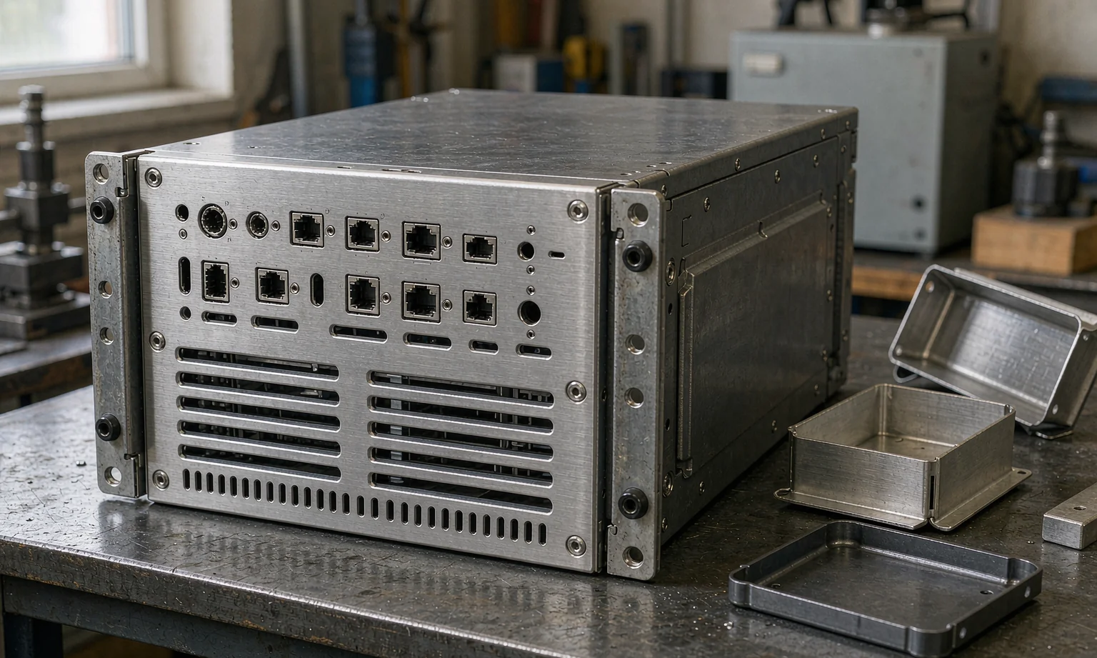 4U rack-mount industrial PC chassis with front I/O panel and ventilation slots