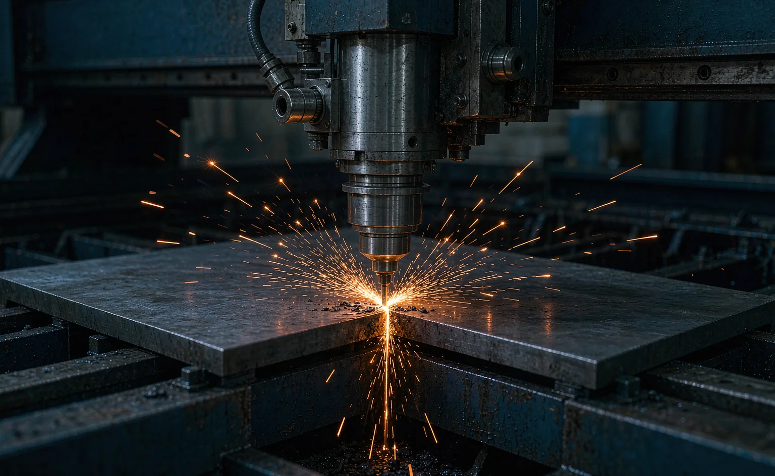 Fiber laser cutting head cutting steel sheet with sparks