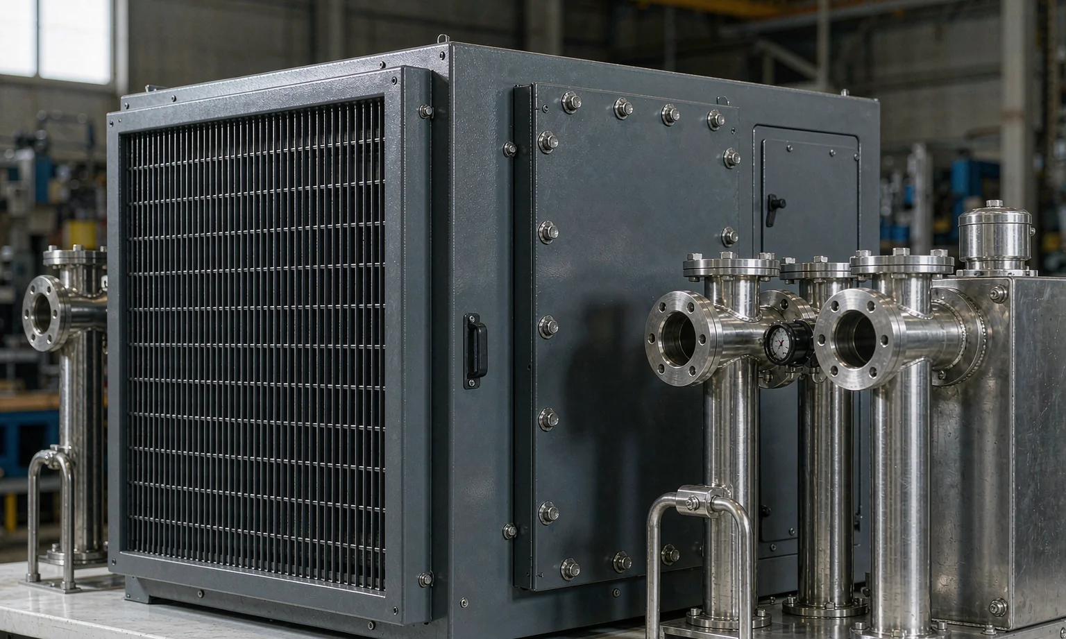 Rack-mount CDU housing and stainless steel coolant manifold parts fabricated from sheet metal