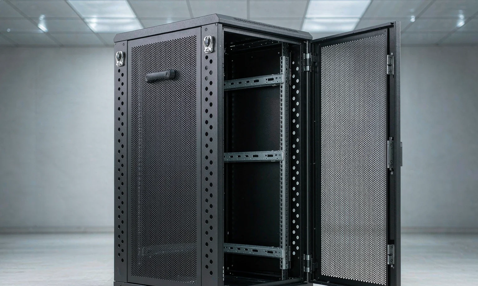 Black powder-coated network server cabinet with perforated mesh door and mounting rails