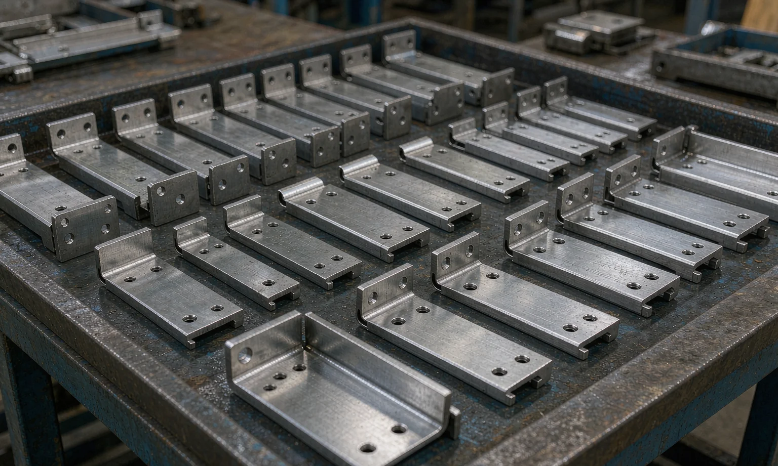 Batch of laser-cut and bent steel mounting brackets