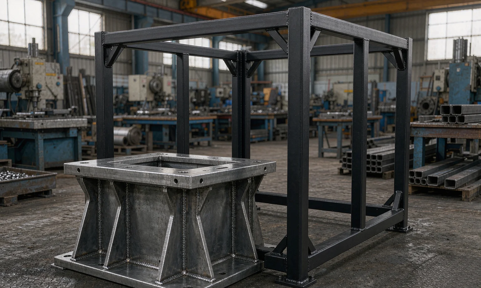 Welded steel robot base and machine guarding frames for automation equipment