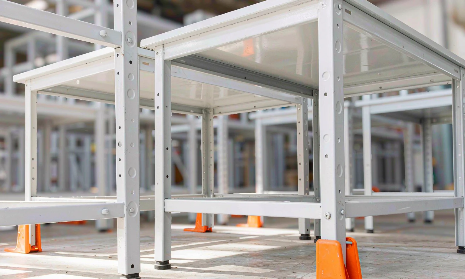 Powder-coated steel shelving uprights and workbench frames in light grey finish