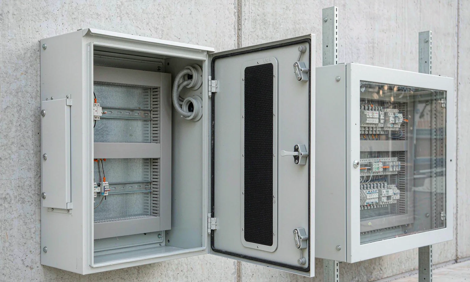 Wall-mounted electrical distribution box with DIN rails and hinged door